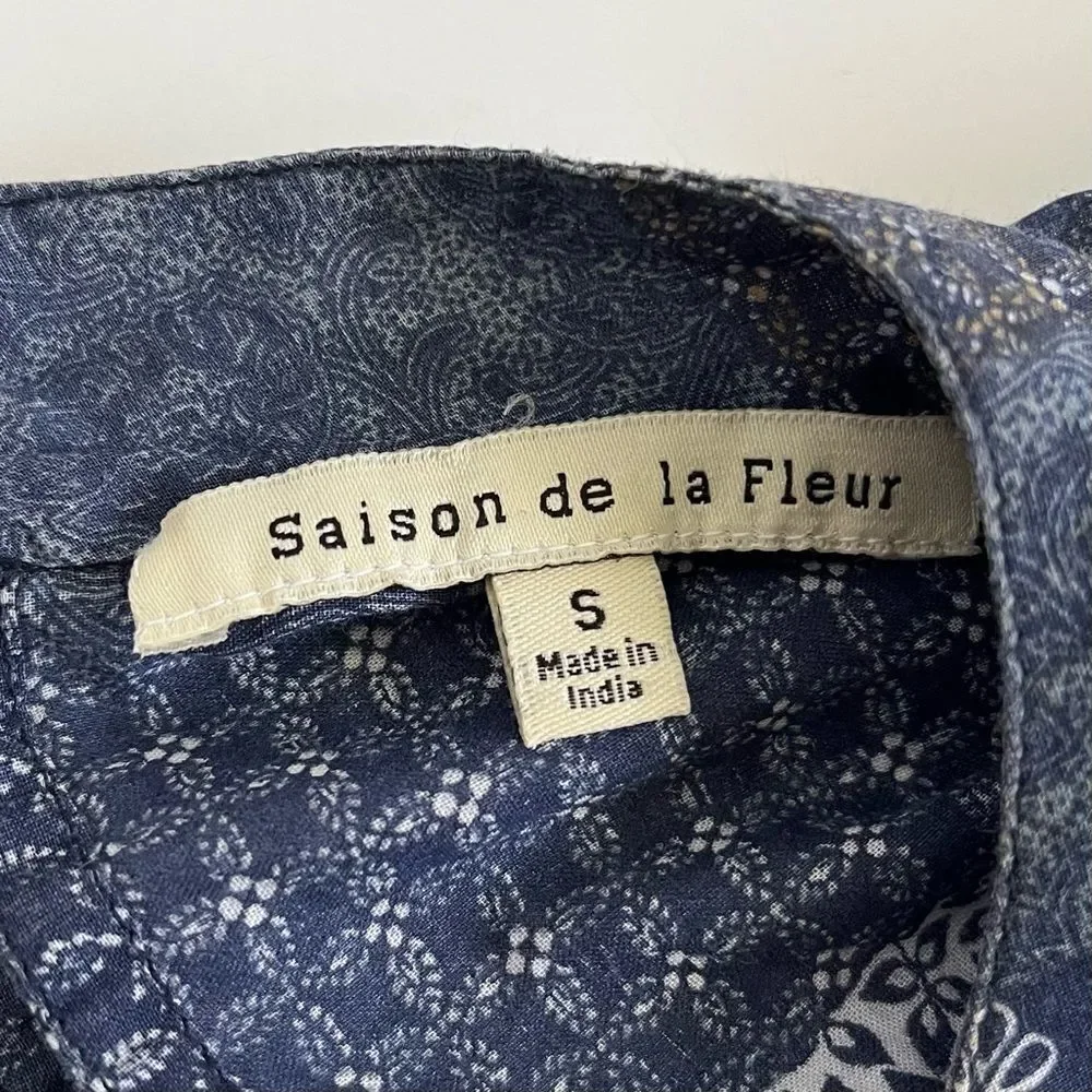 Anthropologie Eryn Boho Floral Blouse saison de la fleur Blue Cotton Top Small